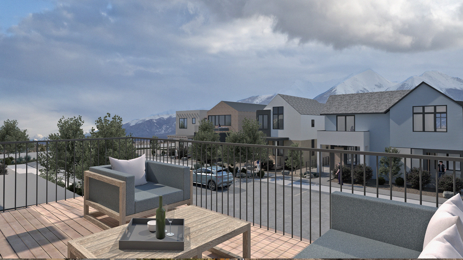 Condos at The Crossing development in Buena Vista, Colorado - Exterior of Bristlecone & Sage from the upper patio
