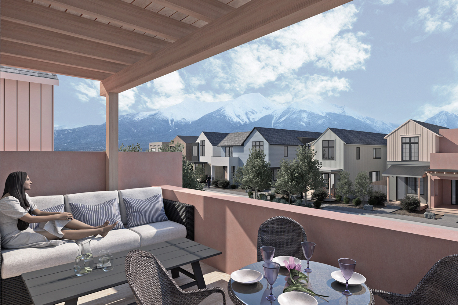 Cielo view from the upper deck patio rendering - Condos at The Crossing Buena Vista, Colorado living community